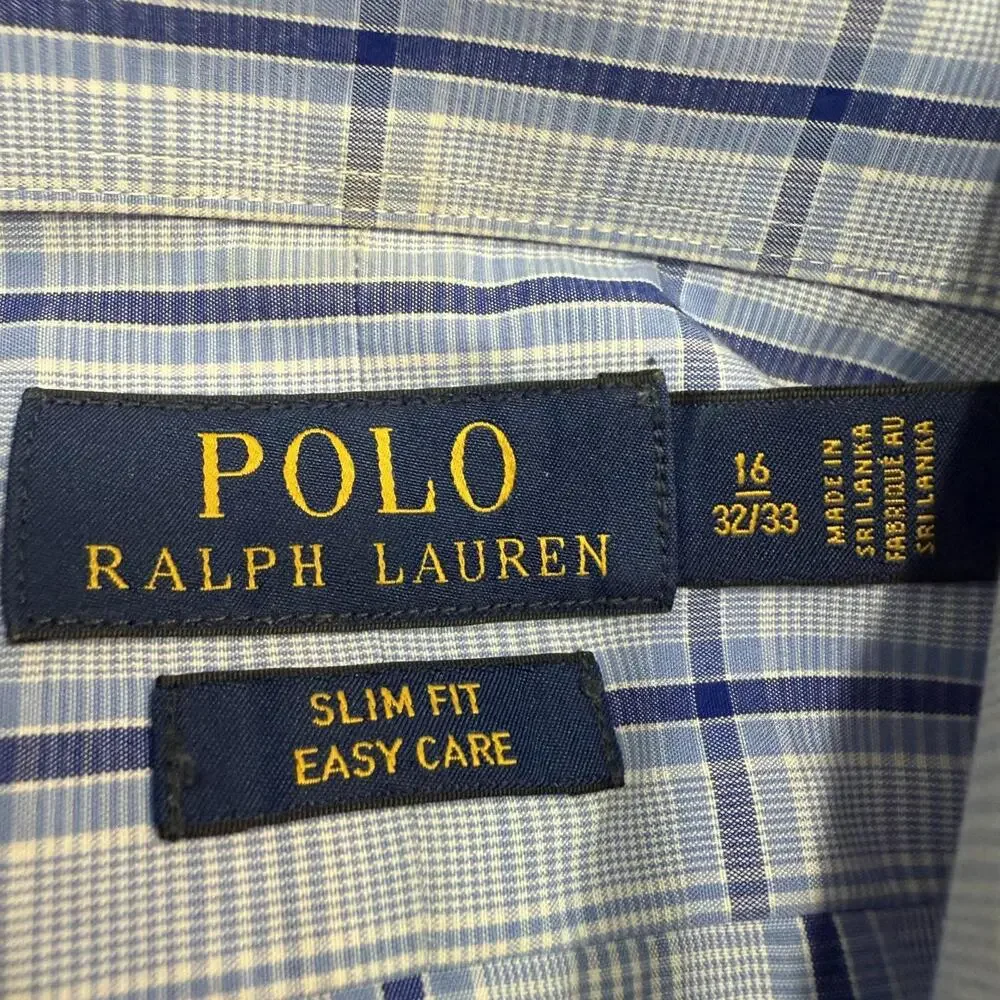 POLO Ralph Lauren Men's SLIM FIT Navy‎ Blue Check Dress Shirt 16 32/33 Medium